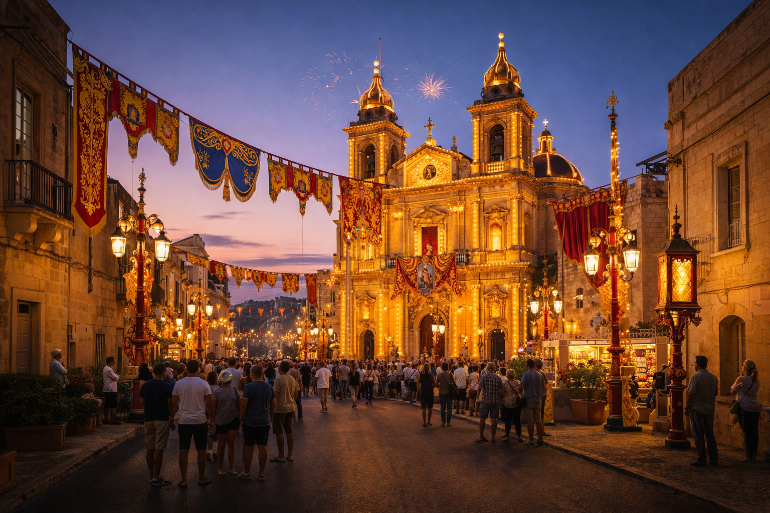 Gozo Feast in Summer after sunset with church and festive lights and traditional ornaments