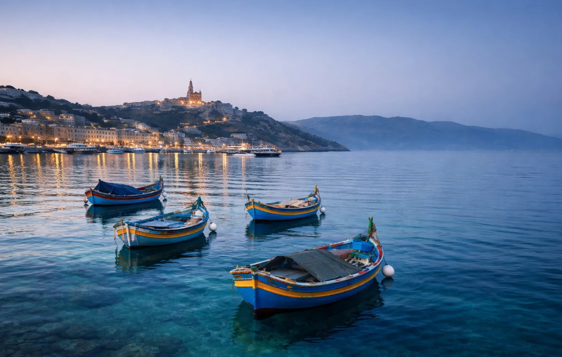 Mgarr Harbour in Gozo at blue hour with traditional Maltese fishing boats floating on clear turquoise water and the illuminated church silhouette on the hillside.