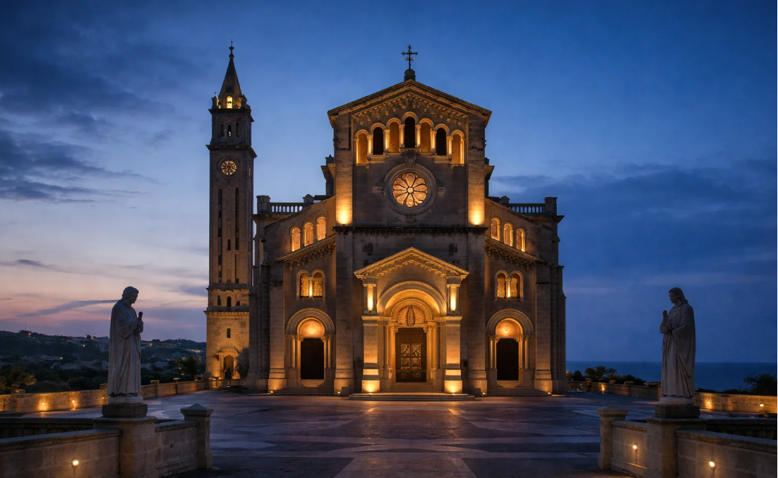 Front view of Ta’ Pinu Basilica in Gozo, Malta during blue hour, warm interior lights glowing against a deep twilight sky and quiet stone forecourt.