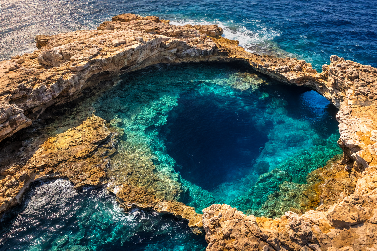 Diving site at the Blue Hole Gozo Malta with clear Mediterranean water and vertical limestone formation.