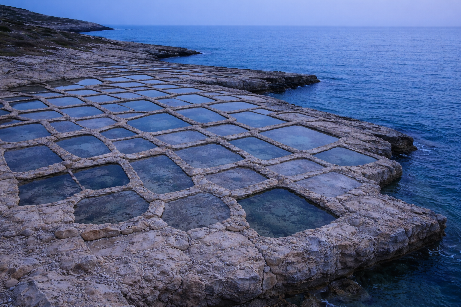 Blue hour view of the traditional salt pans at Xwejni Bay, Marsalforn, Gozo, Malta, with hand-carved limestone basins reflecting twilight tones beside the Mediterranean Sea.
