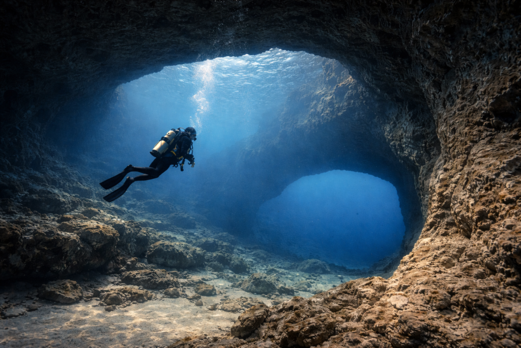 Scuba diver exploring the Blue Hole in Gozo Malta.