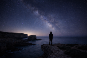 Stargazing in Gozo: Where the Night Still Feels Wild Person stargazing on the coastline of Gozo, Malta under a clear Mediterranean night sky with visible Milky Way.