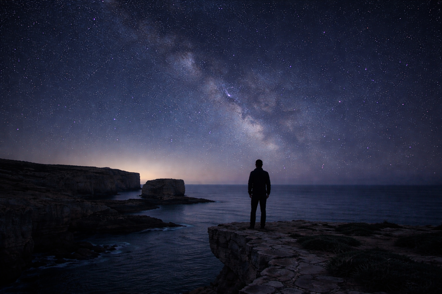 Person stargazing on the coastline of Gozo, Malta under a clear Mediterranean night sky with visible Milky Way.