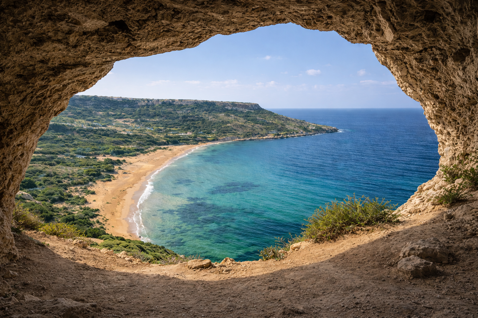 tal mixta cave gozo with view over rambla bay and the sea