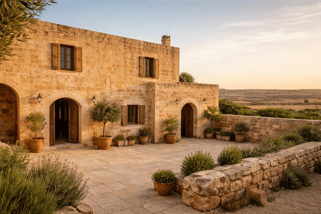 Traditional limestone farmhouse in western Gozo Island countryside at golden hour
