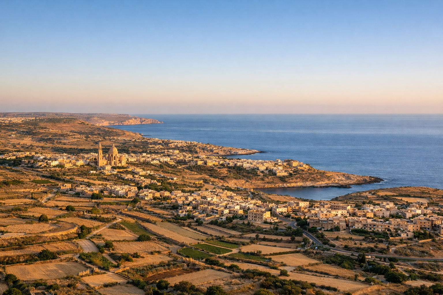 Island of Gozo Malta coastline at golden hour with limestone countryside and Mediterranean sea
