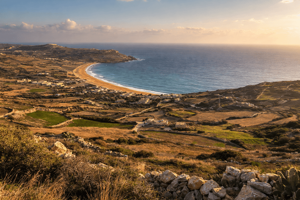 Nadur Gozo Island elevated view overlooking Ramla Bay and Mediterranean coastline