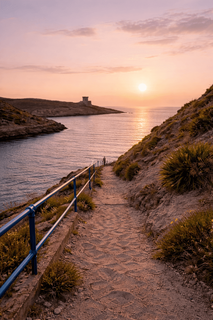 Xlendi Bay on Gozo Island at sunset with limestone cliffs and calm Mediterranean water