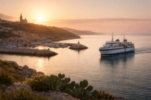 Gozo ferry approaching Mgarr Harbour at sunrise, soft golden light, calm sea, minimal people, natural tones, quiet Mediterranean atmosphere