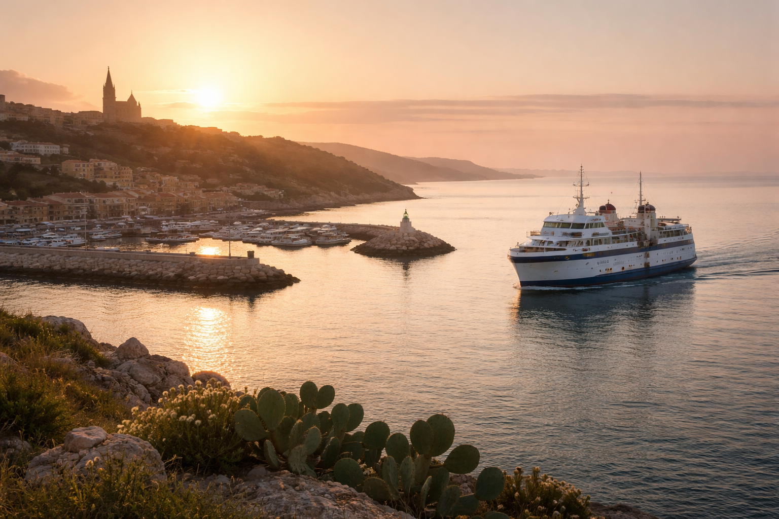 Gozo ferry approaching Mgarr Harbour at sunrise, soft golden light, calm sea, minimal people, natural tones, quiet Mediterranean atmosphere