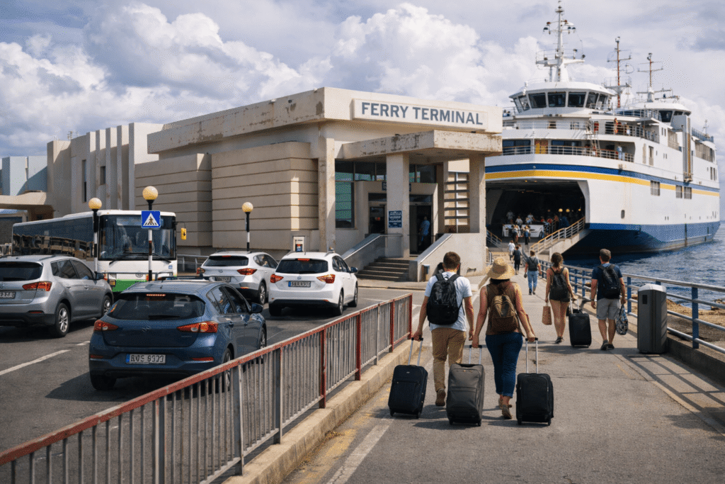 Cirkewwa ferry terminal boarding scene, cars and passengers, soft morning light, clean composition