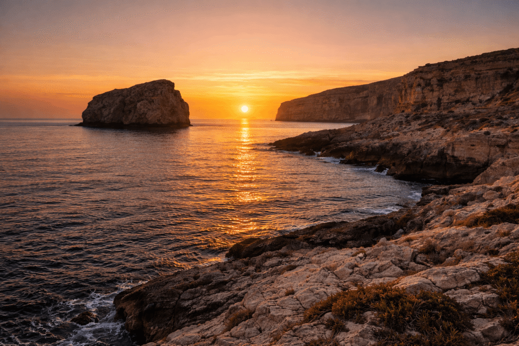 Sunset at Dwejra Bay in Gozo with Fungus Rock and golden light over the Mediterranean