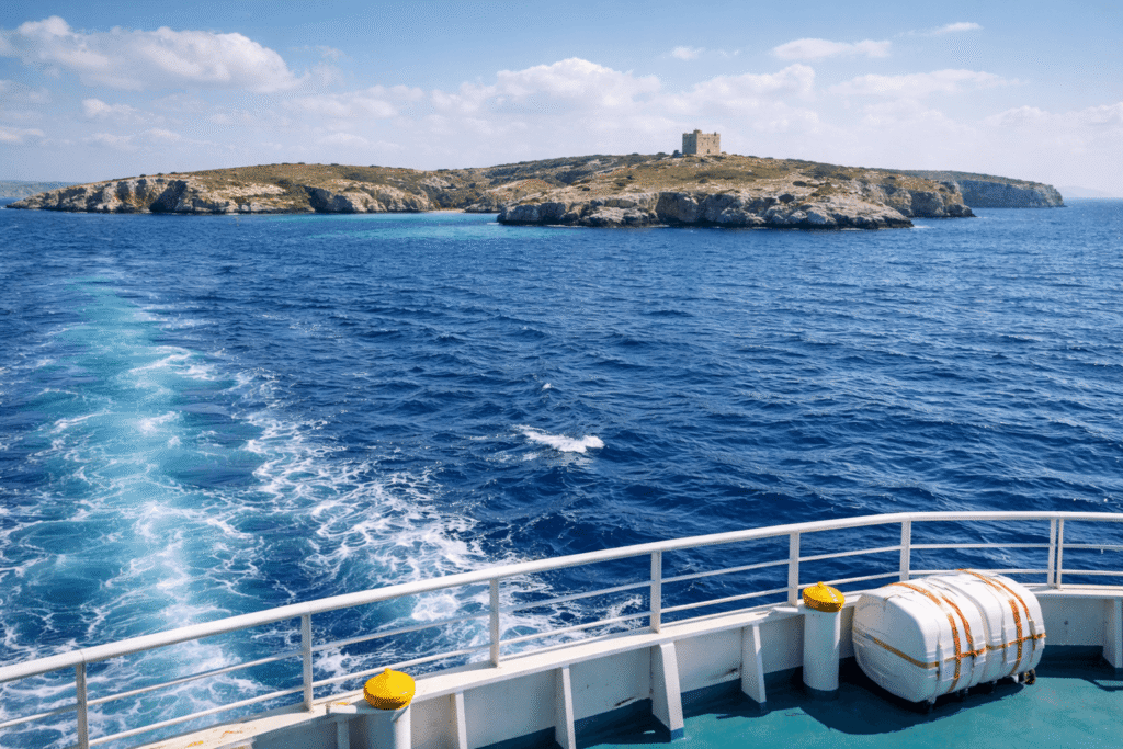 View from ferry deck toward Comino, deep blue water, gentle waves, bright natural light
