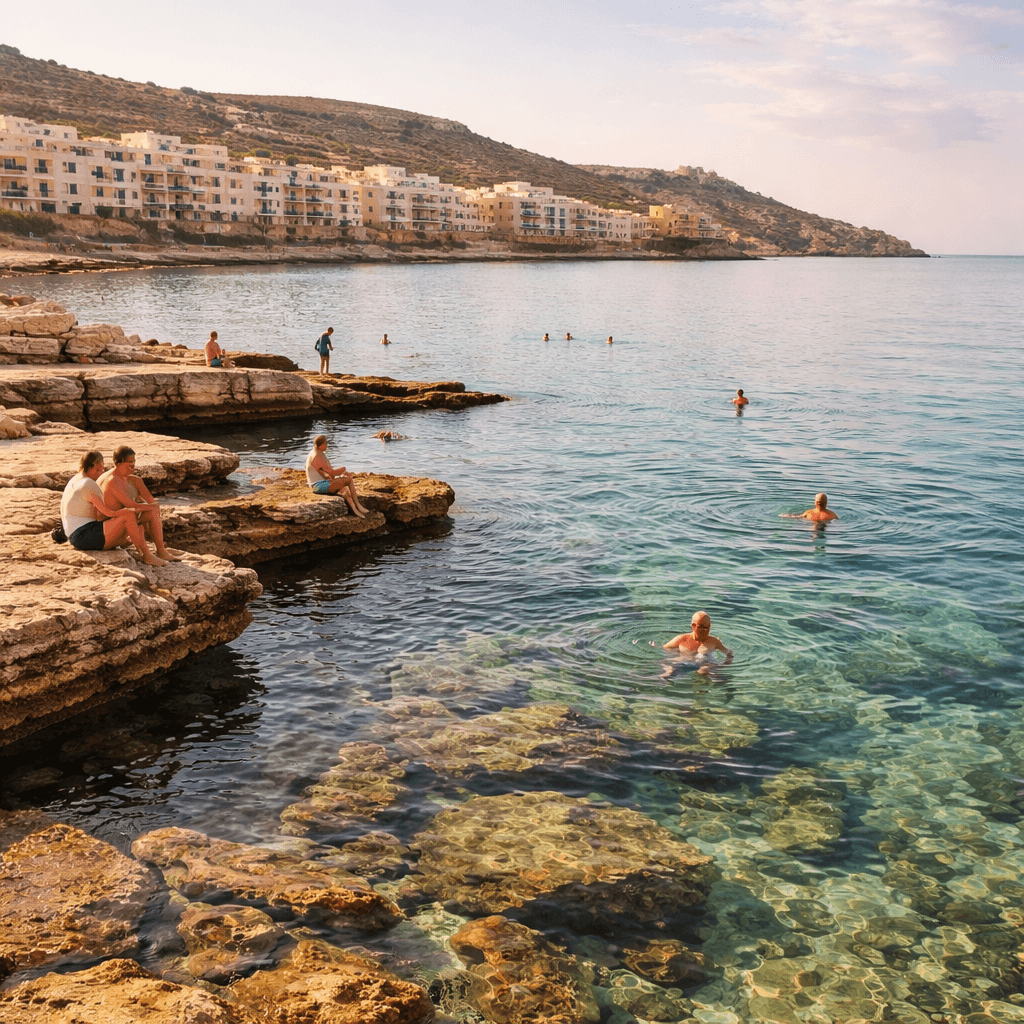 Marsalforn bay in Gozo swimming rocks, clear water, early morning light, local swimmers, subtle village background, best beaches Gozo
