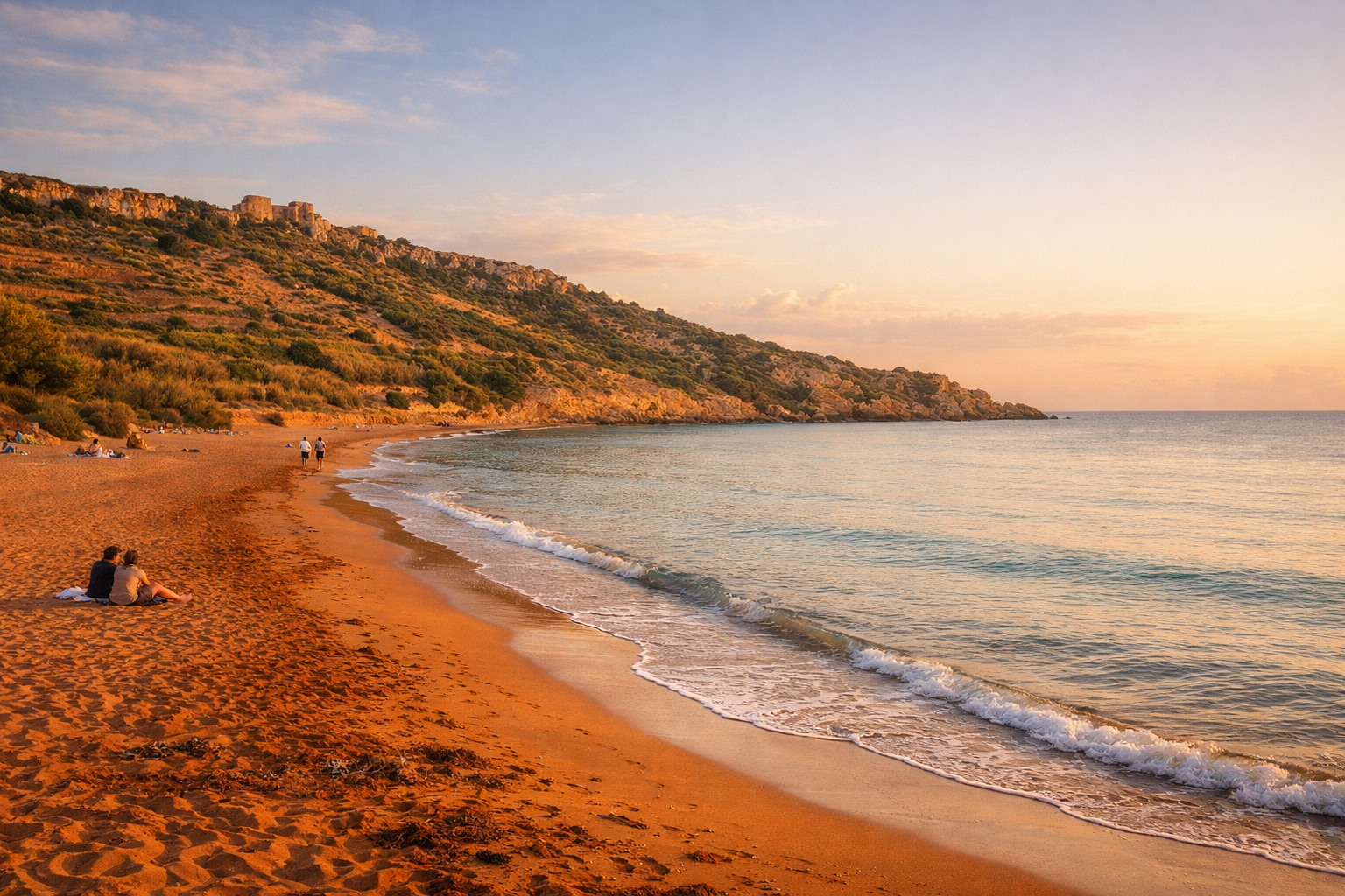 Ramla Bay Gozo Malta wide red sand beach at golden hour, soft warm light, calm sea, minimal people, natural tones, quiet Mediterranean atmosphere