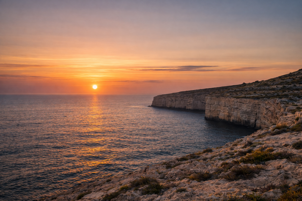 Sunset from Ta Cenc cliffs in Gozo with wide horizon and soft Mediterranean light Description: Wide sunset view from Ta’ Ċenċ Cliffs on Gozo’s southern coast, showing open sea, limestone edges and soft evening colours