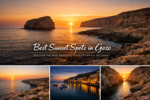 Best sunset in Gozo with Fungus Rock and golden Mediterranean light, Sonnenuntergang Gozo