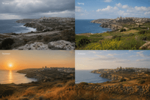 Panoramic view of Gozo across different seasons with coastal cliffs, village rooftops, and soft Mediterranean light.