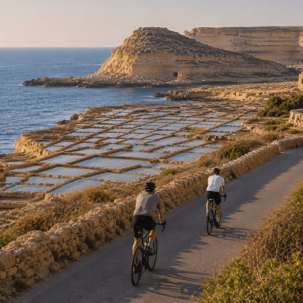 Cyclists riding beside the historic Xwejni Salt Pans in northern Gozo.