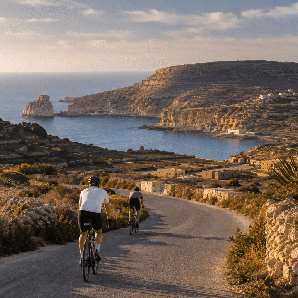 Cyclists descending towards the dramatic coastline of Dwejra in Gozo.