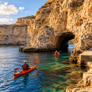 Inland Sea Gozo: Boat Trips, Swimming & Dwejra Visitor Guide Kayaks near the Dwejra Inland Sea tunnel surrounded by high limestone cliffs in Gozo.