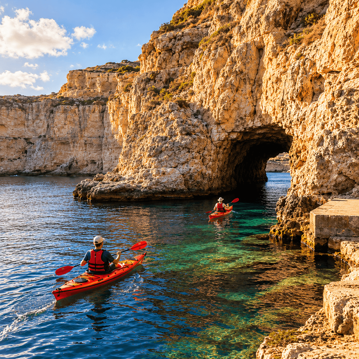 Kayaks near the Dwejra Inland Sea tunnel surrounded by high limestone cliffs in Gozo.
