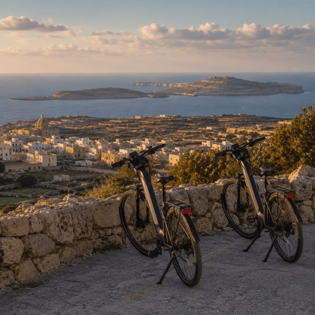 Electric bikes overlooking Comino from a viewpoint near Nadur in Gozo.