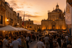 Gozo festival 2026 atmosphere in Victoria at sunset with historic limestone architecture and soft ambient lighting