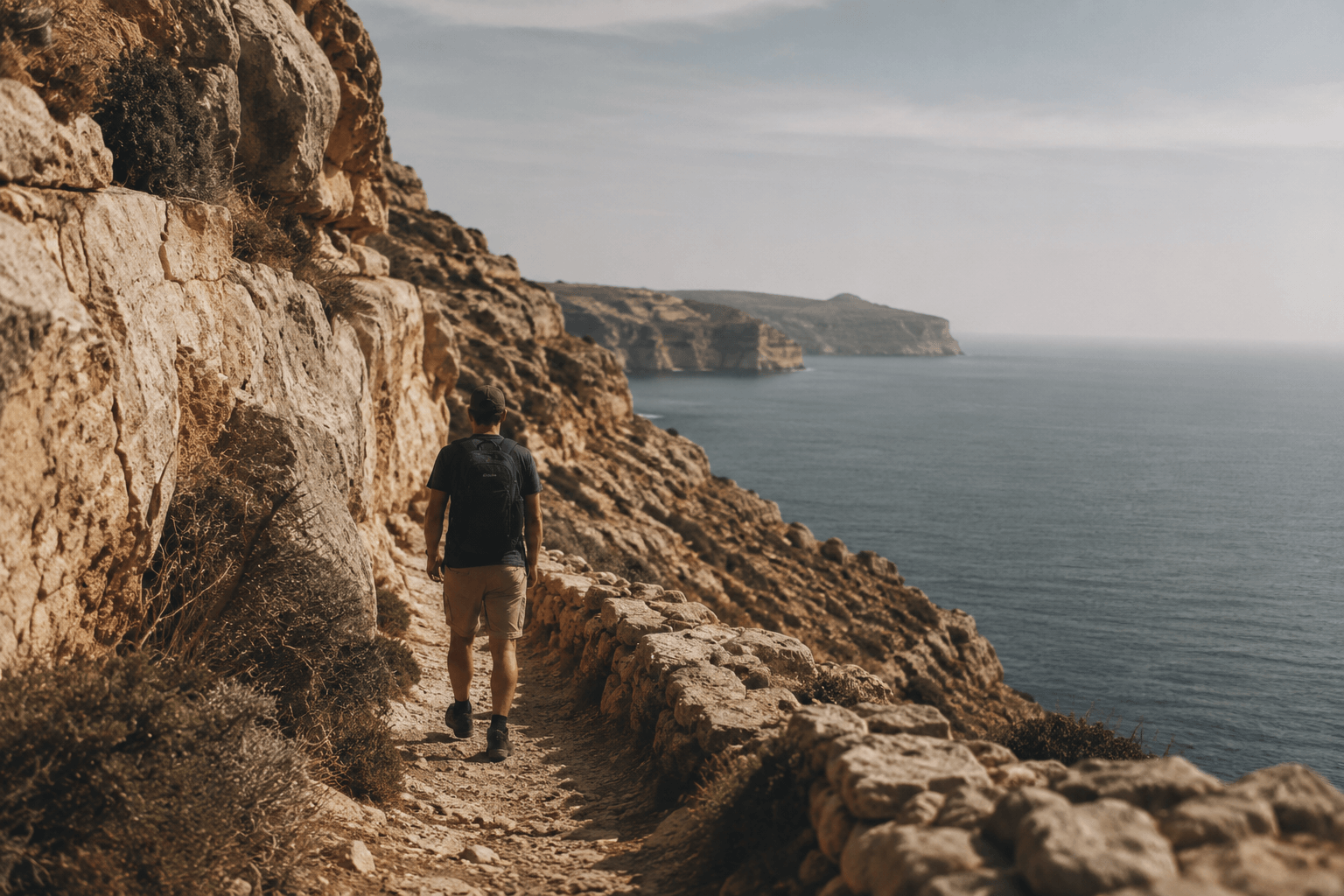 Hiker walking along a rugged coastal trail in Gozo with limestone cliffs and Mediterranean sea views.