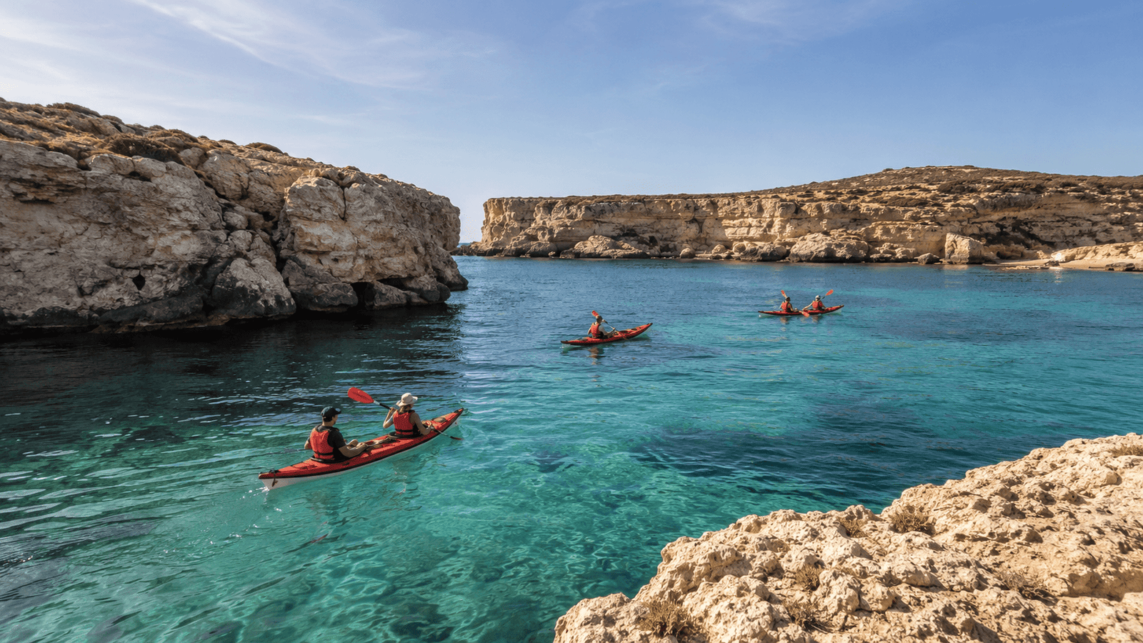 Kayakers paddling between Gozo and Comino with clear water and pale limestone cliffs.