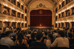 Historic opera theatre interior in Gozo with warm lighting, velvet seating, and a calm pre-performance atmosphere.