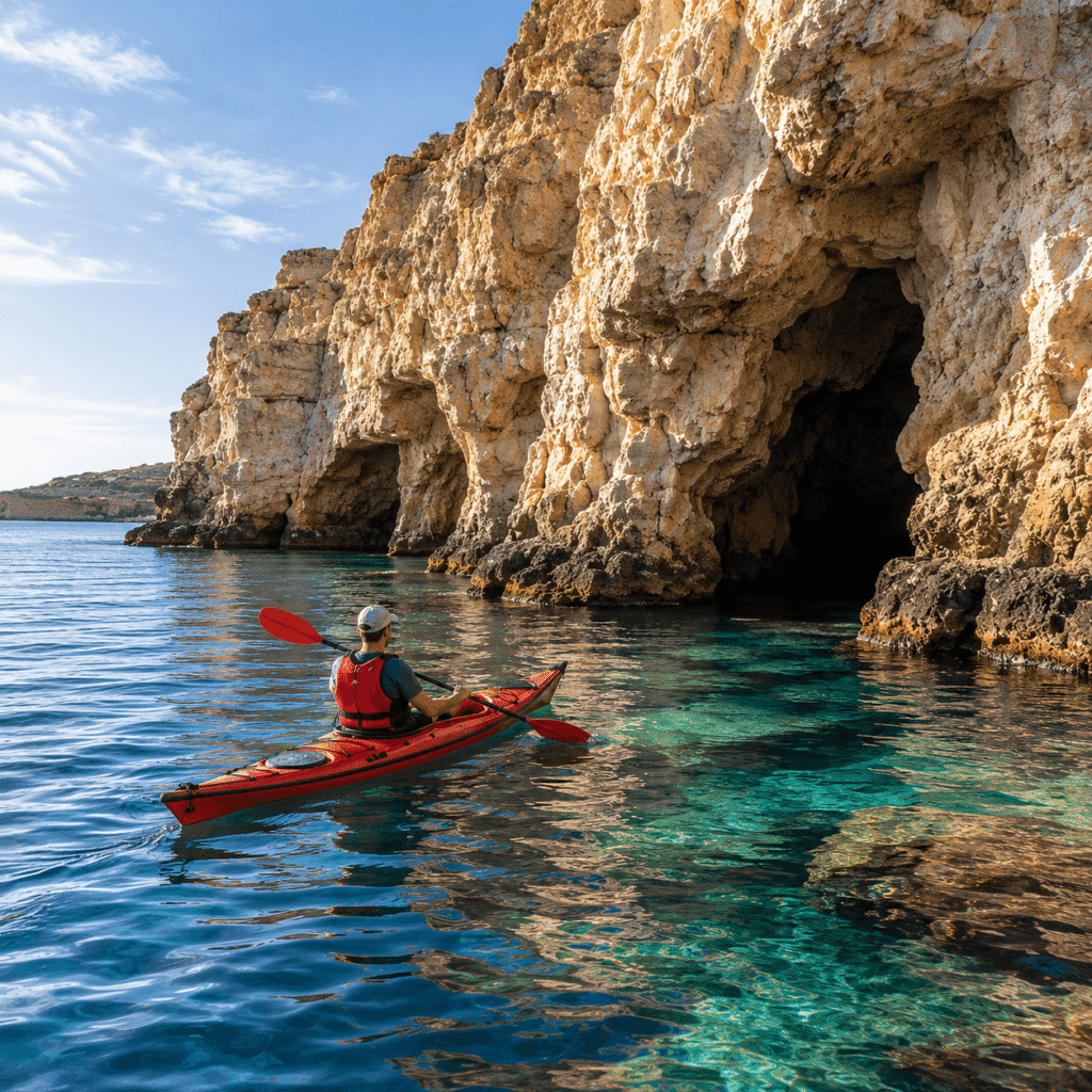 Kayak near limestone sea caves along the Gozo and Comino coastline.