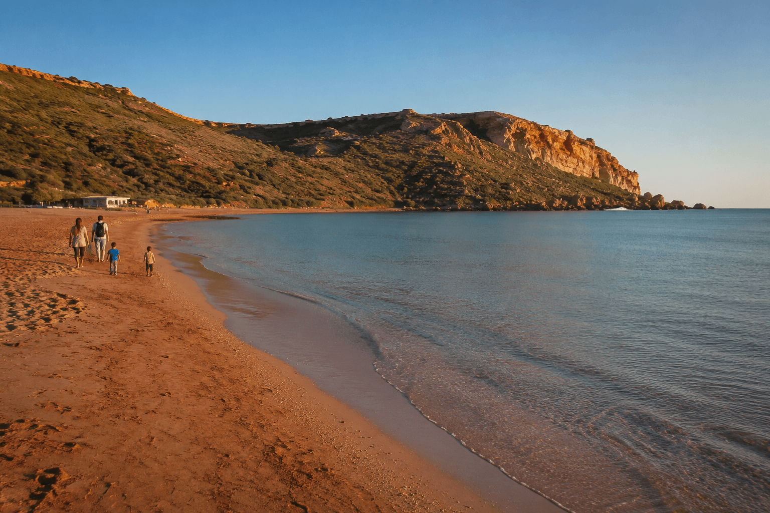 Families walking along the red sand shoreline of Ramla Bay in Gozo during calm early morning Mediterranean light.