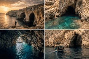 Best Caves in Gozo: Sea Caves, Grottos & Caves You Can Visit Golden limestone sea caves along the rugged Gozo coastline at sunset with calm Mediterranean water and subtle human presence near the cliff edge.