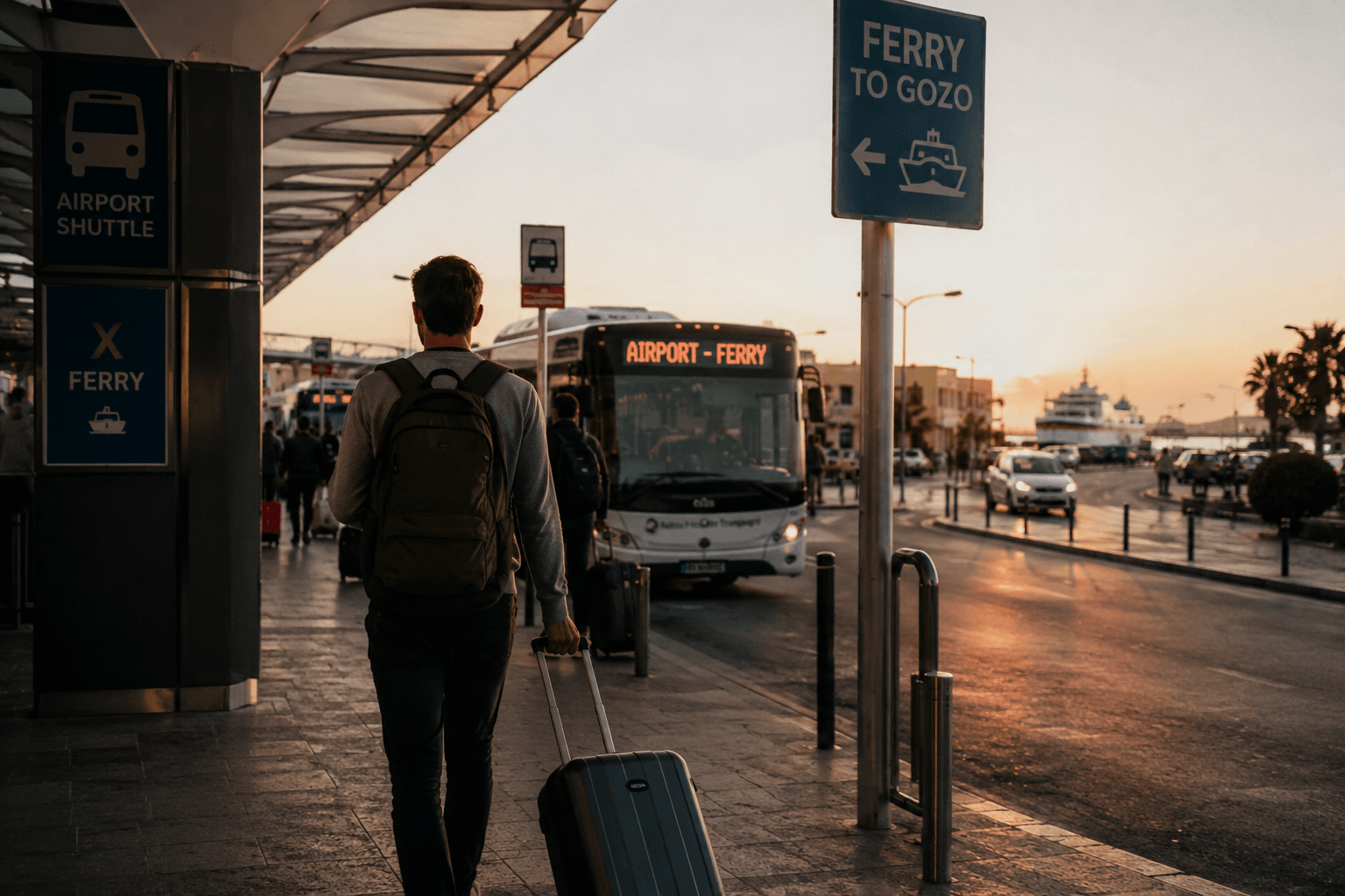 Traveler arriving at Malta Airport before continuing journey to Gozo by ferry during soft evening light.