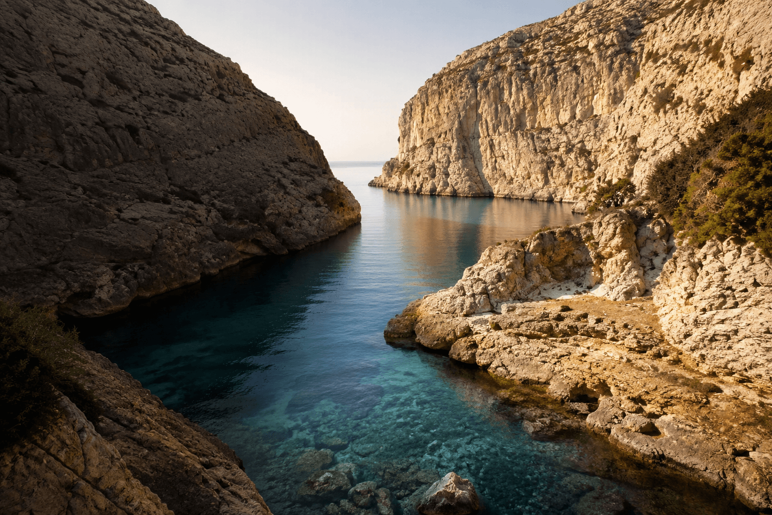 Hidden beach in Wied il-Għasri in Gozo during early morning light with a narrow limestone inlet, calm turquoise water, dramatic cliffs, and soft Mediterranean colours.