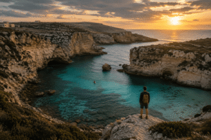 Remote hidden coastal spot in Gozo with limestone cliffs, calm Mediterranean water, and soft natural light.