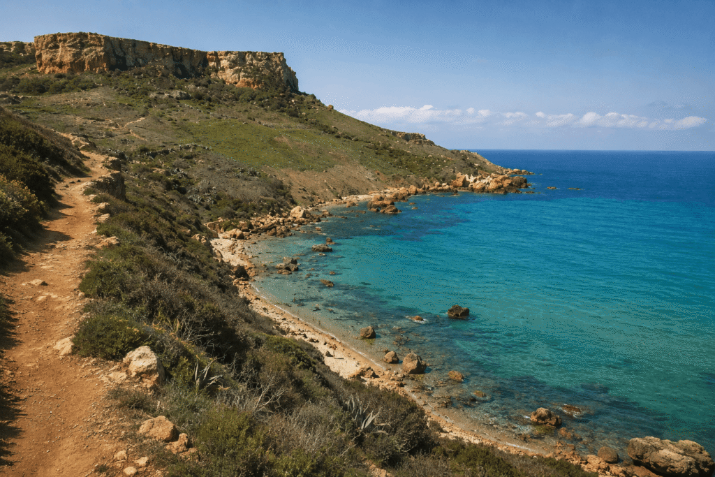 Remote red sand beach at San Blas Bay in Gozo, Malta surrounded by rugged cliffs and Mediterranean vegetation.