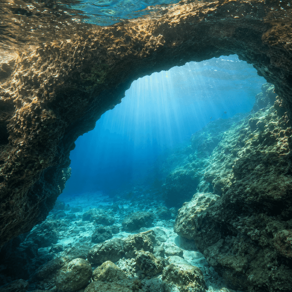 Underwater limestone arch at the Blue Hole in Gozo illuminated by natural sunlight.