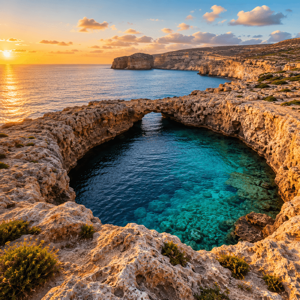 Limestone coastline at Dwejra overlooking the Blue Hole in Gozo