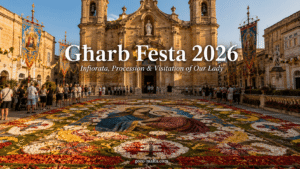 Għarb Festa 2026 Gozo: Infiorata, Procession & Visitation of Our Lady The Infiorata flower carpet in front of the Basilica of the Visitation during the Għarb Festa 2026 in Gozo, Malta.