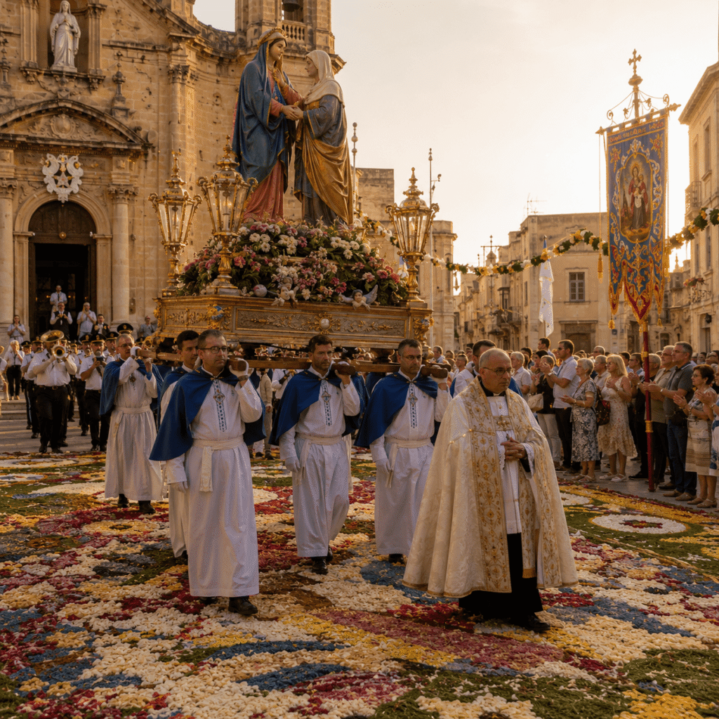 The traditional Għarb Festa procession carrying the statue of the Visitation across the Infiorata flower carpet in Gozo, Malta.