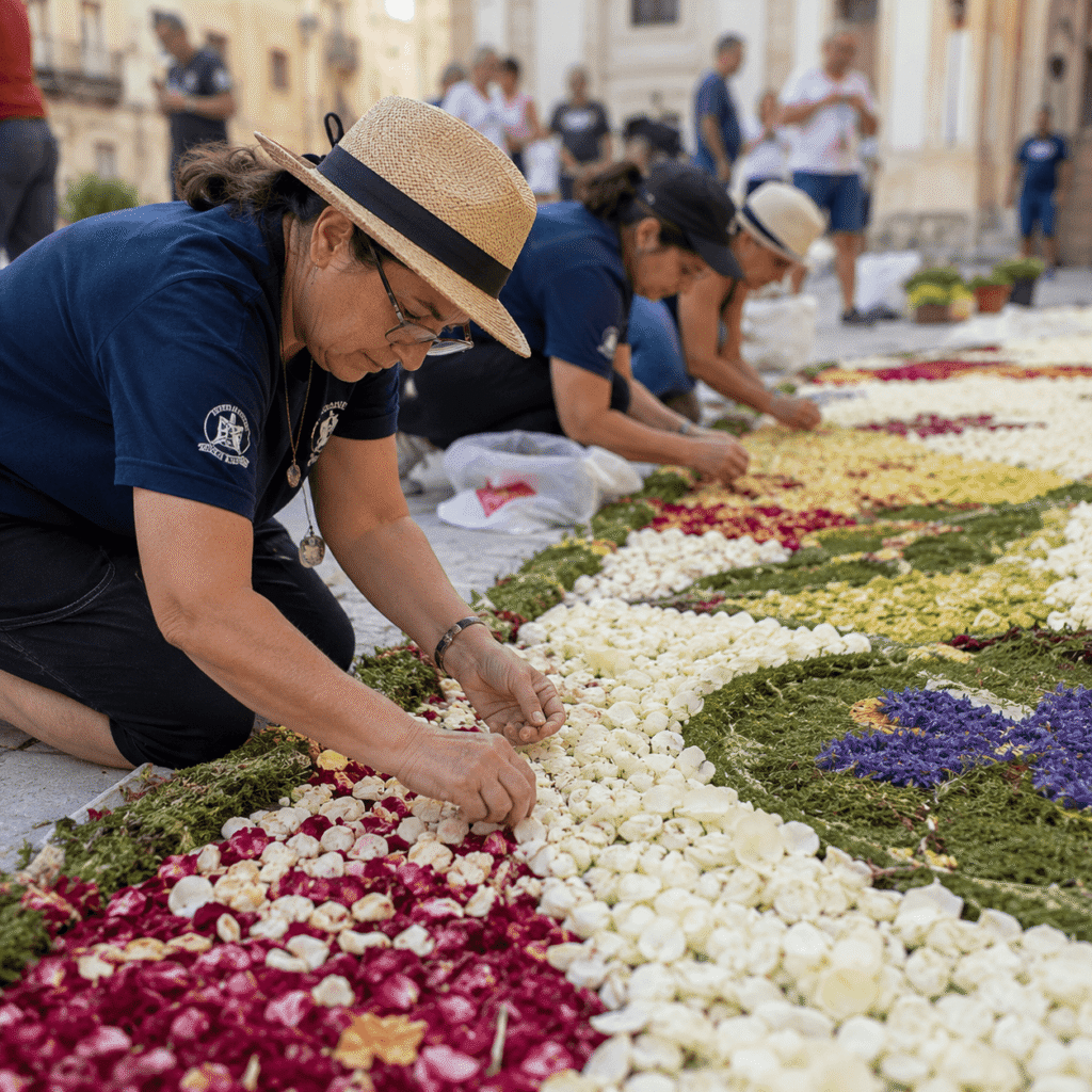 Local volunteers creating the Infiorata flower carpet with fresh flower petals in Visitation Square during the Għarb Festa 2026 in Gozo.