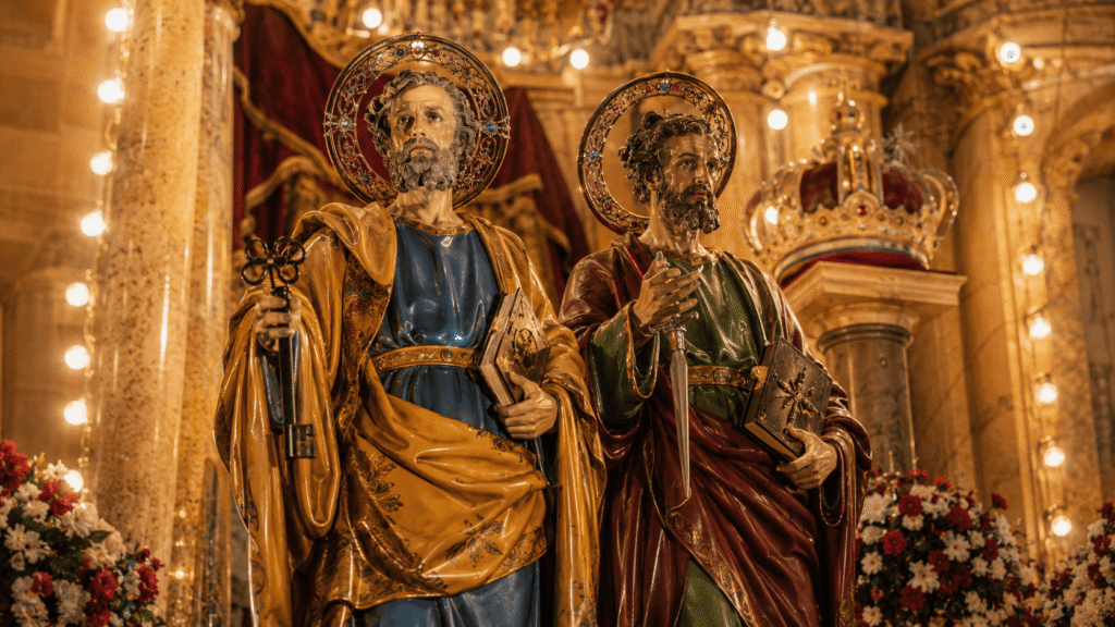 Statues of Saints Peter and Paul displayed during the Nadur Festa 2026 in Gozo