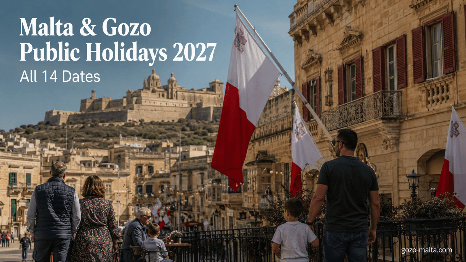 Maltese flags along a historic street in Valletta during a public holiday in Malta