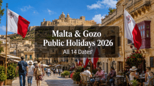 Historic streets in Malta decorated with flags during a national public holiday.