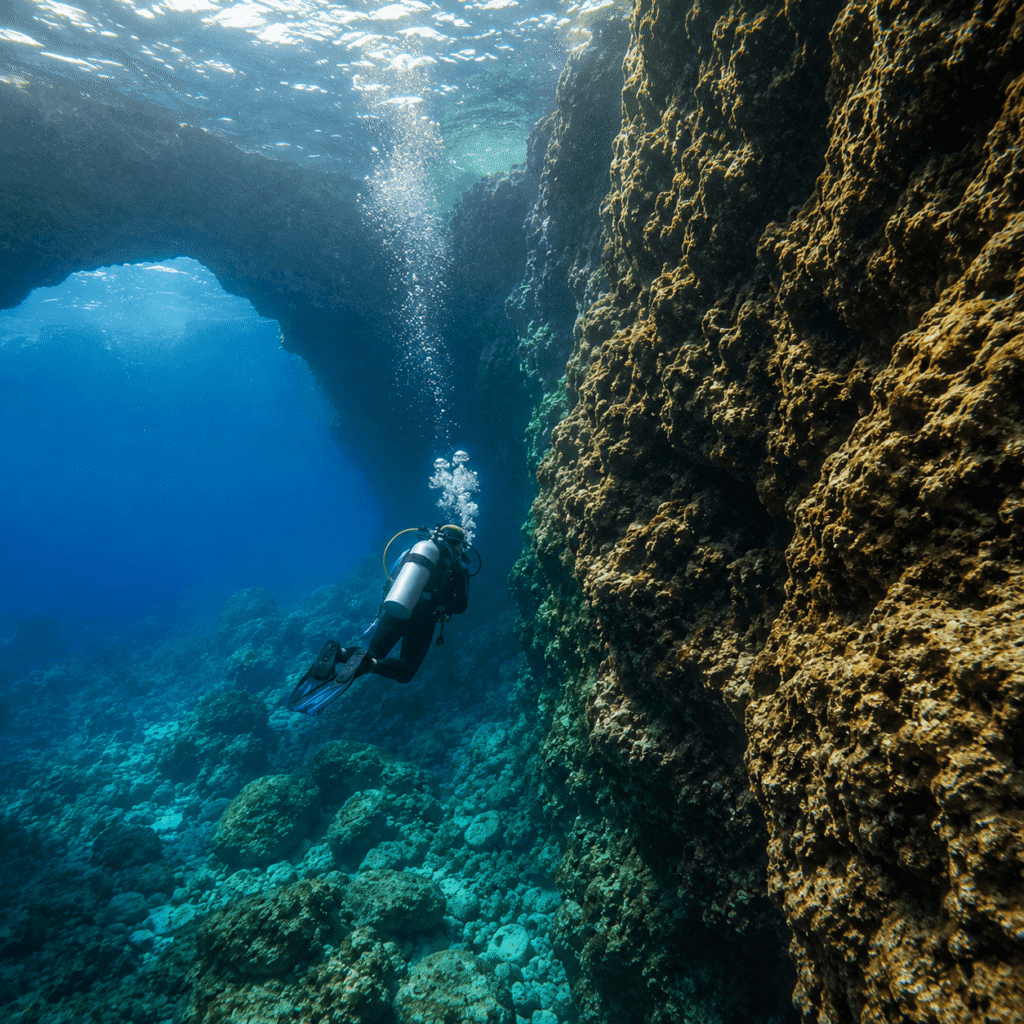 Scuba diver exploring limestone formations at Blue Hole Gozo