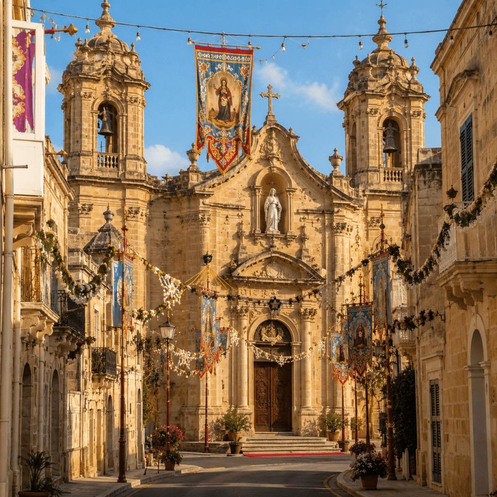 The Basilica and Collegiate Parish Church of the Visitation decorated with traditional festa banners during the Għarb Festa 2026 in Gozo.